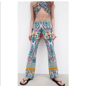 Zara Abstract Print Trousers Flowy Wide Leg Long Boho Chic Travel Indie Medium